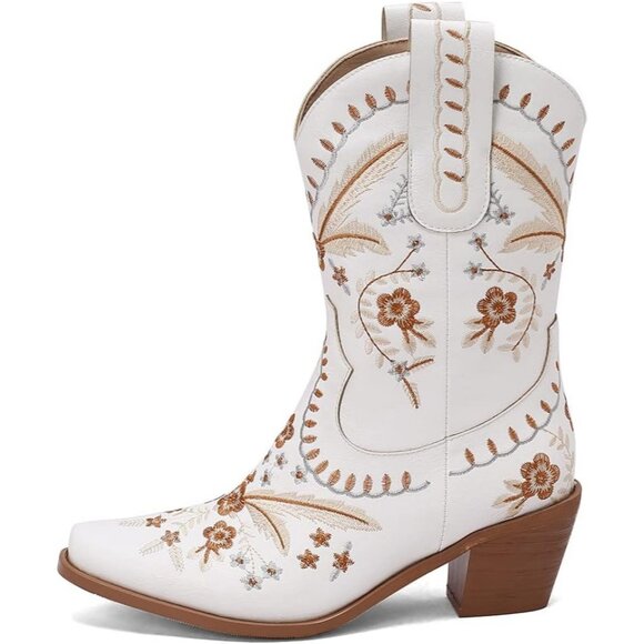LIPUIXI Western Boots Women's White Synthetic Pull On Floral Low Chunky Heel - Picture 2 of 8